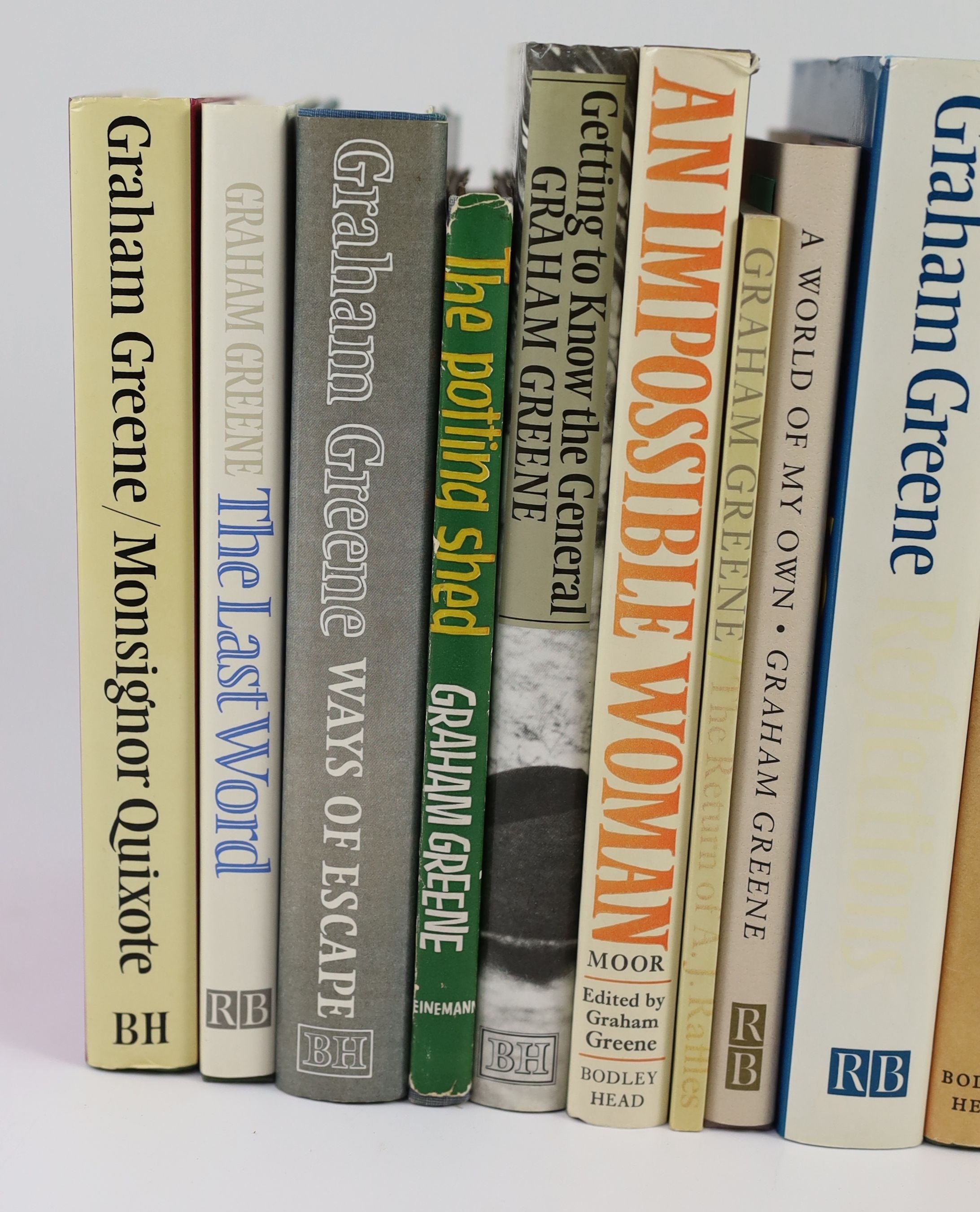 Greene, Graham - 14 works, all 1st editions, in d/j’s:- Monsignor Quixote, 1982; A Sense of Reality, 1963; Travels with my Aunt, 1969; The Tenth Man, 1985; Doctor Fischer of Geneva or The Bomb Party, 1980; May We Borrow